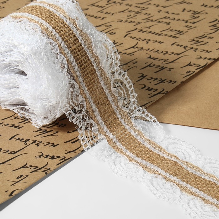 Лента из джута &laquo;Кружево&raquo;, 60 мм, 4,5 &plusmn; 0,5 м, цвет белый