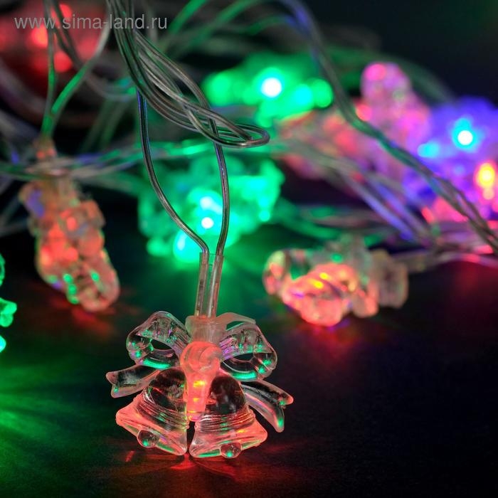 Гирлянда «Нить» 5 м с насадками «Два колокольчика», IP20, прозрачная нить, 20 LED, свечение мульти (RG/RB), мигание, 220 В Гирлянда «Нить» 5 м с насадками «Два колокольчика», IP20, прозрачная нить, 20 LED, свечение мульти (RG/RB), мигание, 220 В
