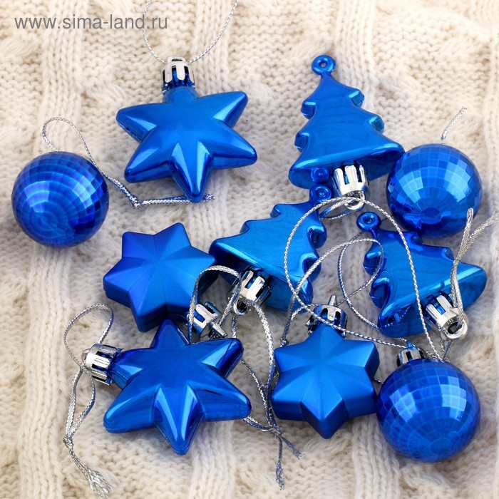 Набор украшений пластик 10 шт Набор украшений пластик 10 шт "Санда" (2 шара,2 конфеты,2 елки, 4 звезды) синий