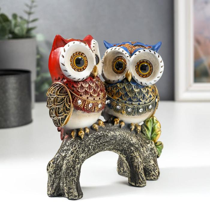 Сувенир полистоун "Цветные филины со стразами на ветке" 15х13х7,5 см