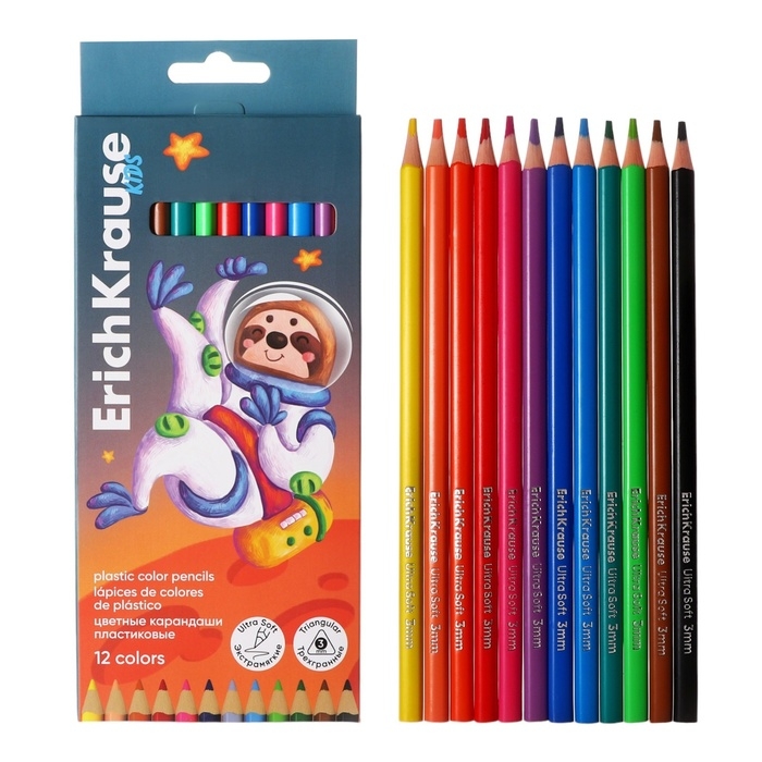 Карандаши 12 цветов ErichKrause Kids Space Animals трехгранные, пластиковые с европодвесом Карандаши 12 цветов ErichKrause Kids Space Animals трехгранные, пластиковые с европодвесом