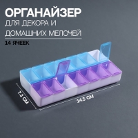Органайзер для декора, 14 ячеек, 14,5 &times; 7,3 &times; 2,5 см, цвет голубой/фиолетовый