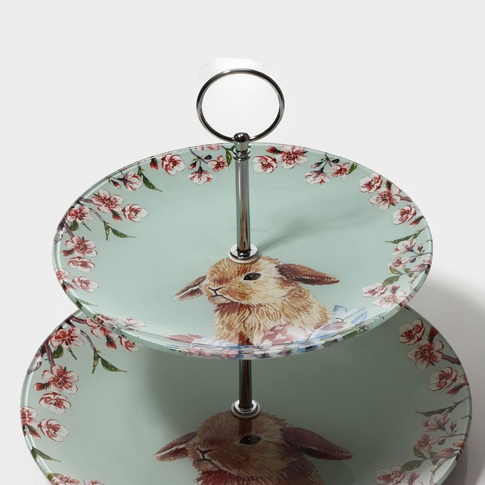 Фруктовница стеклянная 2-х ярусная круглая Доляна &laquo;Кролик&raquo;, d=25/20 см, цвет голубой