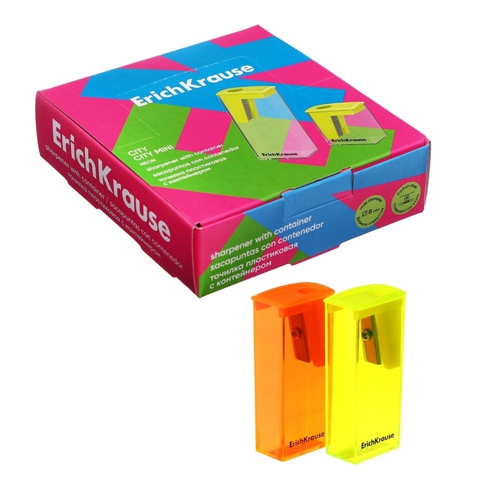 Точилка 1 отверстие ErichKrause Точилка 1 отверстие ErichKrause "City" Neon, с контейнером, пластиковая, МИКС