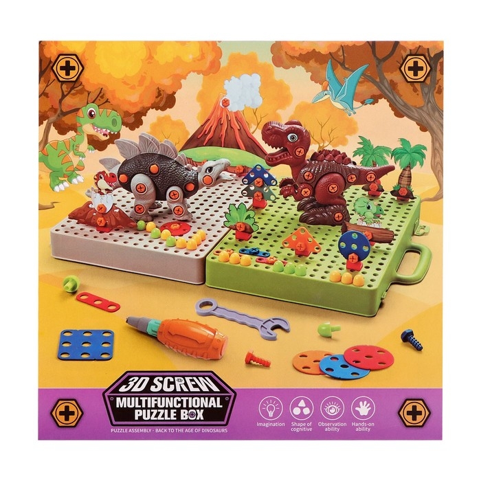 Конструктор винтовая мозаика «Диномир», с электрическим шуруповёртом, 217 деталей Конструктор винтовая мозаика «Диномир», с электрическим шуруповёртом, 217 деталей