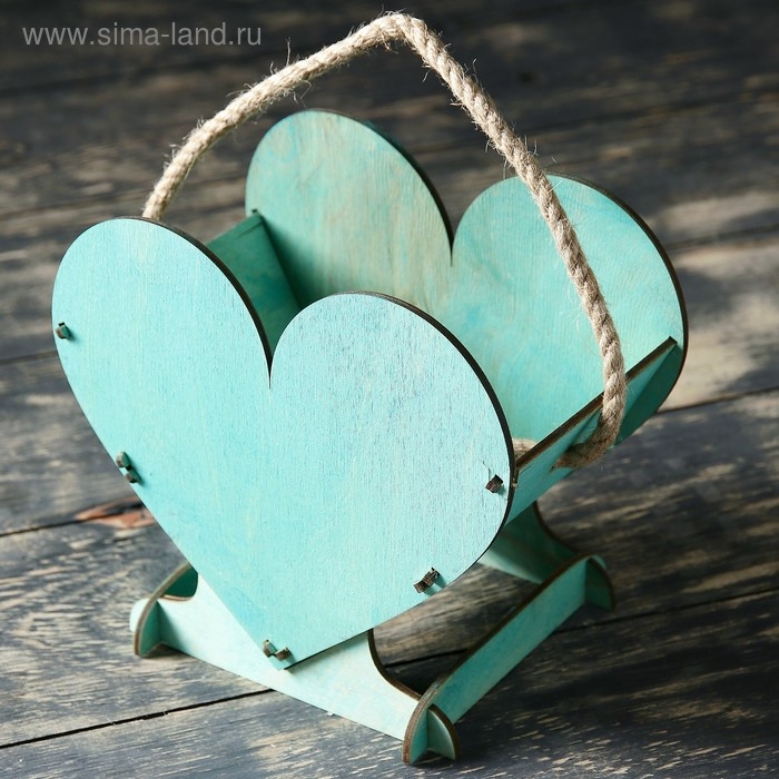 Кашпо деревянное 17.7&times;10.5&times;15 см уникальное "Сердце на двоих", ручка верёвка, тиффани