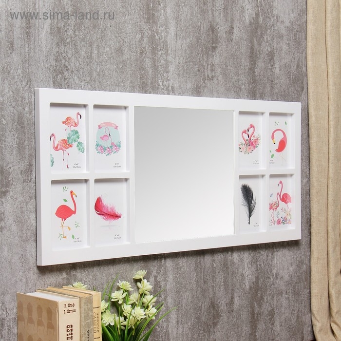 Фоторамка пластик на 8 фото 10х15 см+зеркало 29,5х30 см Фоторамка пластик на 8 фото 10х15 см+зеркало 29,5х30 см "Стиль" белая 34,5х74 см