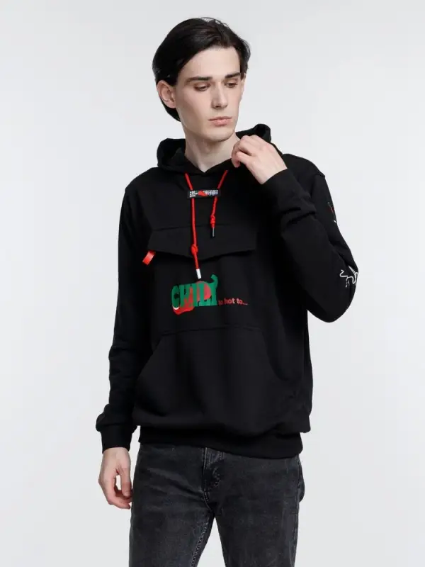 Худи унисекс с карманом на груди Chest Pocket, черное, размер XL/2XL