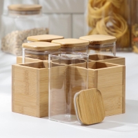 Набор банок стеклянных для сыпучих продуктов с бамбуковыми крышками &laquo;Эко&raquo;, 350 мл, на подставке, 5 шт