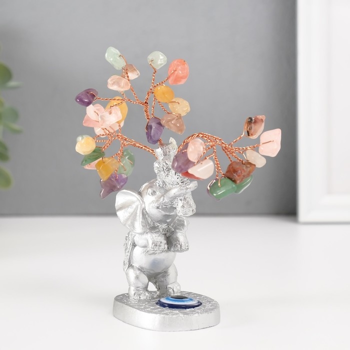 Сувенир бонсай Сувенир бонсай "Серебристый слон с денежным деревом" цветные 36 камней 6,2х4,5х13,5 см