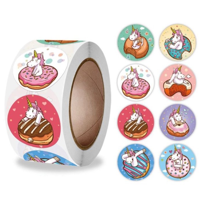 Наклейка бумага Наклейка бумага "Единорожки и пончики" d=2,5 см 500 шт в рулоне 3х6,5х6,5 см