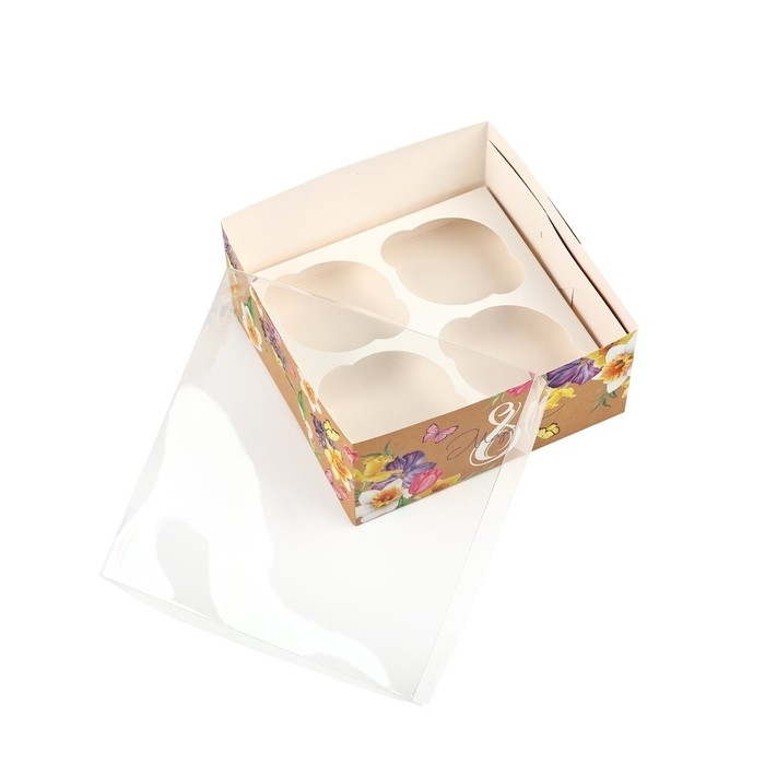 Коробка для капкейков, кондитерская упаковка, 4 ячейки &laquo;С 8 марта&raquo;, 16 х 16 х 7.5 см