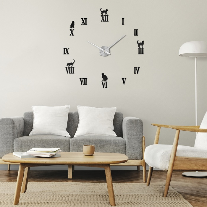 Часы настенные интерьерные большие, 3d "Кошечки", бесшумные, наклейка, d-120 см
