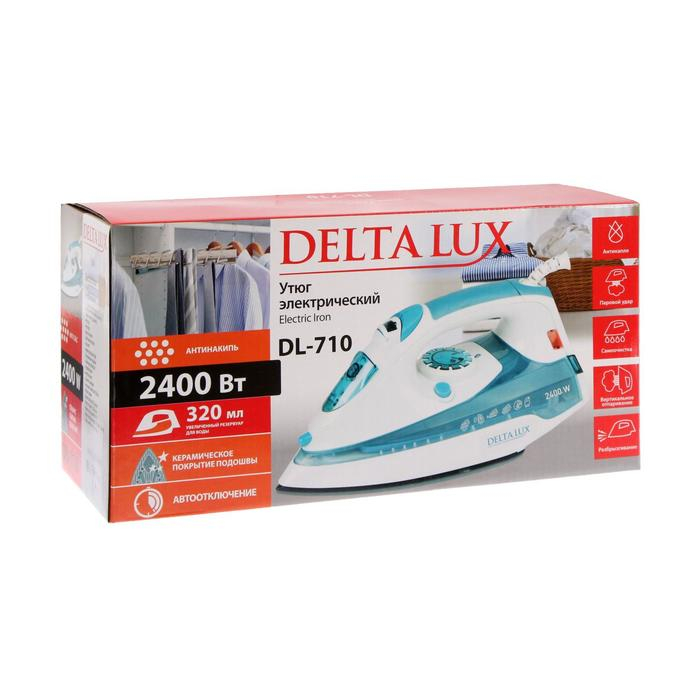 Утюг DELTA LUX DL-710, 2400 Вт, керамическая подошва, 25 г/мин, 320 мл, бело-голубой Утюг DELTA LUX DL-710, 2400 Вт, керамическая подошва, 25 г/мин, 320 мл, бело-голубой