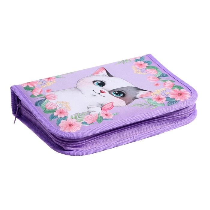 Пенал 1 секция 140 х 210 х 40 мм, откидной карман и косметичка, тканевый, Calligrata TOP Content Пенал 1 секция 140 х 210 х 40 мм, откидной карман и косметичка, тканевый, Calligrata TOP Content "Котик в цветах"