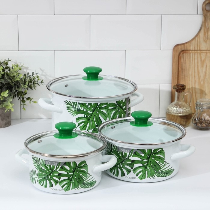 Набор эмалированных кастрюль &laquo;Монстера 5-1- Экстра&raquo;, 3 предмета: 1,5 л, 2,3 л, 5 л, индукция