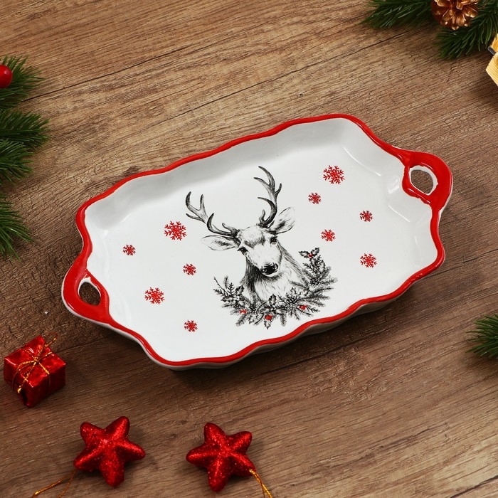 Новый год! Блюдо новогоднее керамическое &laquo;Снежный олень&raquo;, 23х13х2.5 см, цвет белый