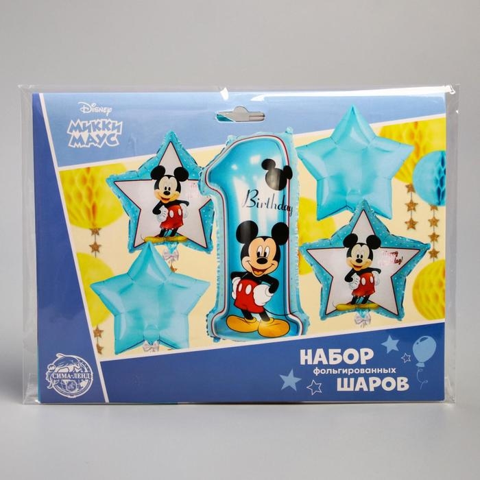 Букет из шаров фольгированных Букет из шаров фольгированных "Happy Birthday", набор 5 шт, Микки Маус, 4 звезды, единичка