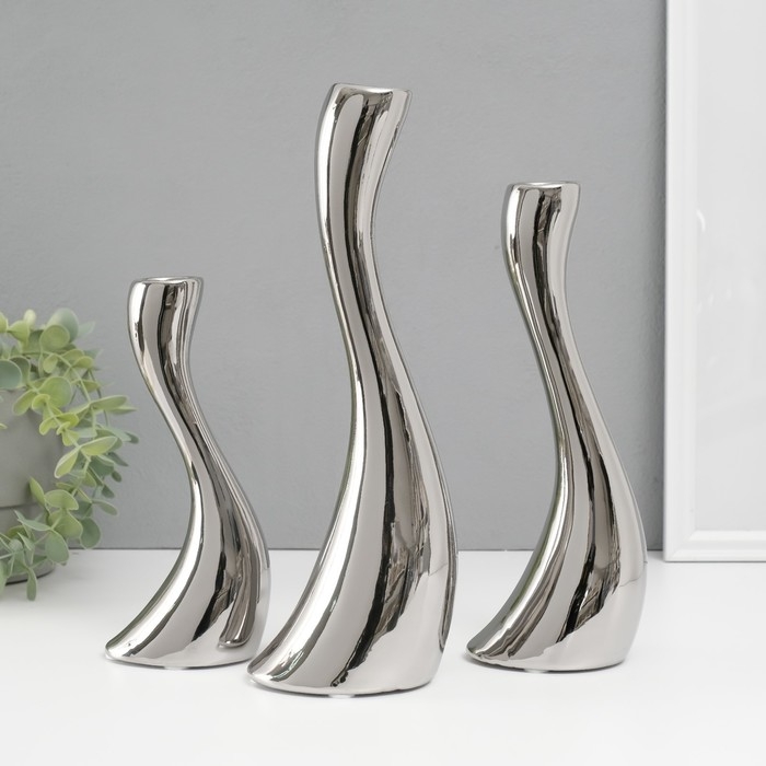 Подсвечник керамика на 1 свечу  "Волна" d=2,5 см, серебро, набор 3 шт h=20, 25 и 30 см