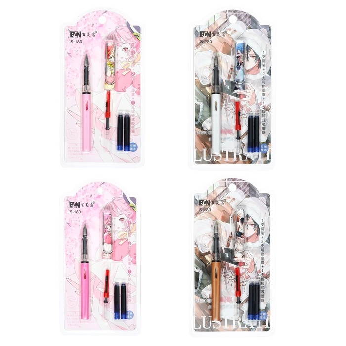 Ручка перьевая + 2 картриджа синих + поршень, на блистере, Ручка перьевая + 2 картриджа синих + поршень, на блистере, "Аниме", МИКС