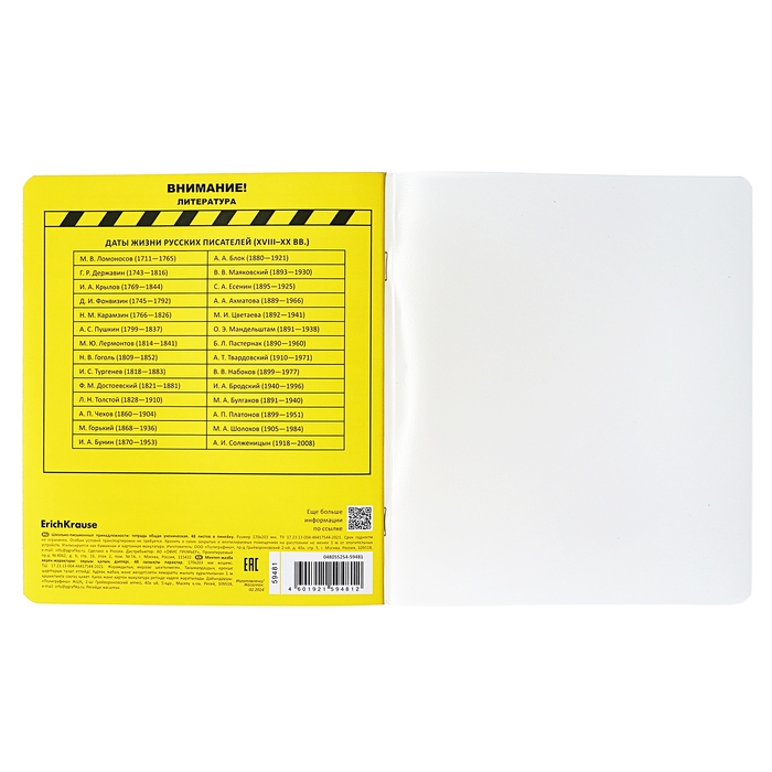 Тетрадь предметная ЛИТЕРАТУРА, 48 листов в линейку, ErichKrause Be Informed, пластиковая обложка, шелкография, блок офсет 100% белизна, инфо-блок