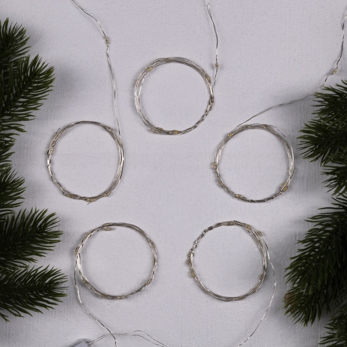 Набор гирлянд &laquo;Нить&raquo; 1 м роса, IP20, серебристая нить, 10 LED, свечение тёплое белое, 3 режима, батарейки AG13х3 (в комплекте), 5 шт.