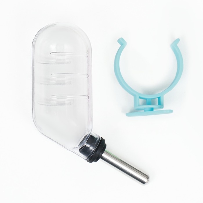 Поилка для грызунов с металлическим носиком, 60 мл, прозрачная с голубым крепление