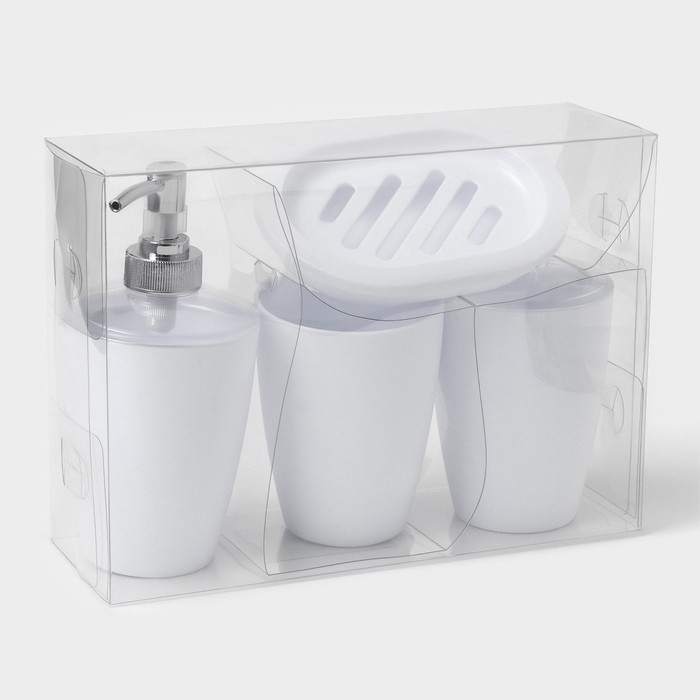 Набор для ванной &laquo;Эталон&raquo;, 4 предмета: дозатор для мыла, мыльница, 2 стакана, 24&times;8&times;17 см, цвет белый