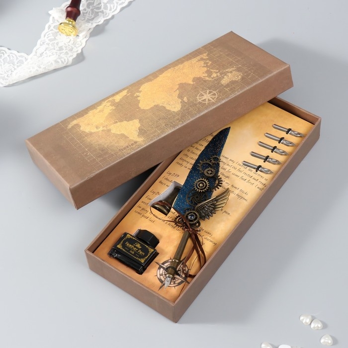 Набор ручка перьевая со сменными перьями+подставка+чернила Набор ручка перьевая со сменными перьями+подставка+чернила "Механизмы" 26х12х4 см