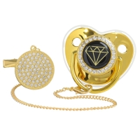 Соска - пустышка силиконовая ортодонтическая &laquo;Бриллиант&raquo;, от 6 мес., с колпачком + держатель - цепочка, цвет золотой/черный, стразы