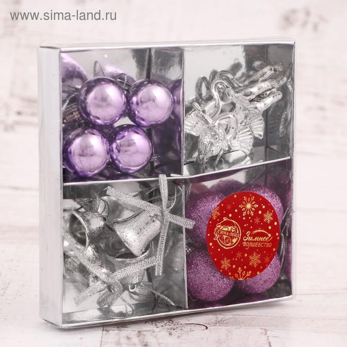 Набор украшений пластик 14 шт "Сюрприз" (4 колокол, 8 шаров, 2 ангела) серебро, фиолет