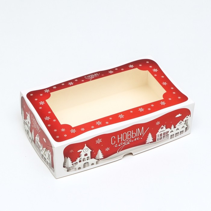 Новый год. Коробка складная, подарочная новогодняя с окном под зефир Новый год. Коробка складная, подарочная новогодняя с окном под зефир "Дом Деда Мороза", 25 х 15 х 7 см.