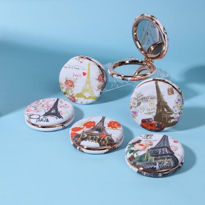 Зеркало складное &laquo;Париж&raquo;, d = 7,5 см, с увеличением, искусственная кожа, рисунок МИКС