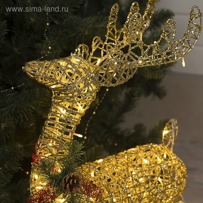 Светодиодная фигура &laquo;Олень с санями золотистый&raquo;, олень: 50 &times; 85 &times; 18 см, сани: 70 &times; 43 &times; 22 см, металл, 220 В, свечение тёплое белое