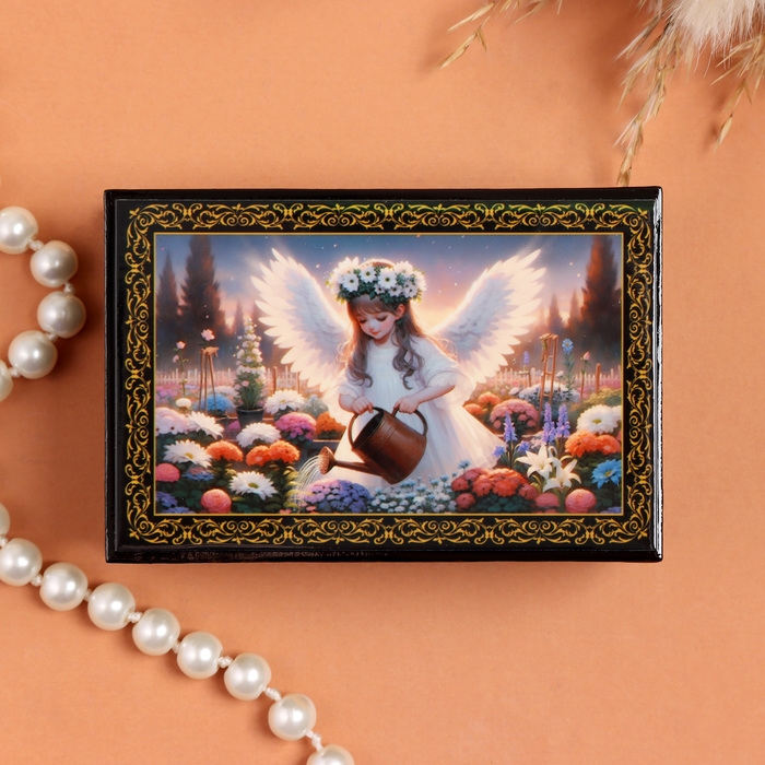 Шкатулка «Ангел с лейкой», черная, 6×9 см, лаковая миниатюра Шкатулка «Ангел с лейкой», черная, 6×9 см, лаковая миниатюра