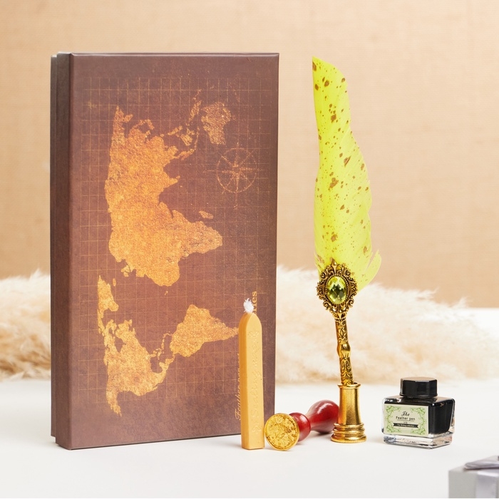 Набор подарочный 5в1 "Реликвия": перьевая ручка желтая, чернила, печать, воск