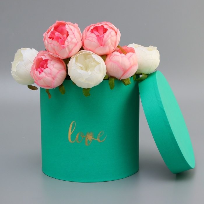 Коробка подарочная круглая, с тиснением "Love", зеленая 21*21*21*см