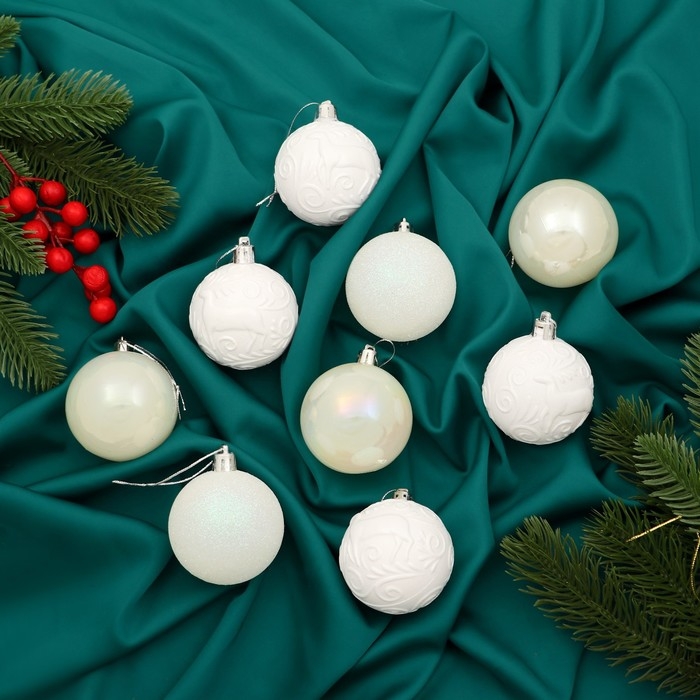 Набор шаров пластик d-6 см, 9 шт "Мелодия" узор блеск, белый