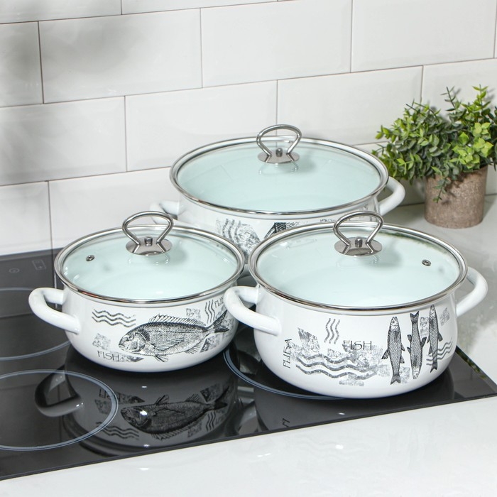 Набор кастрюль &laquo;Рыба&raquo;, 3 предмета: 2 л, 3 л, 4 л, стеклянные крышки, индукция
