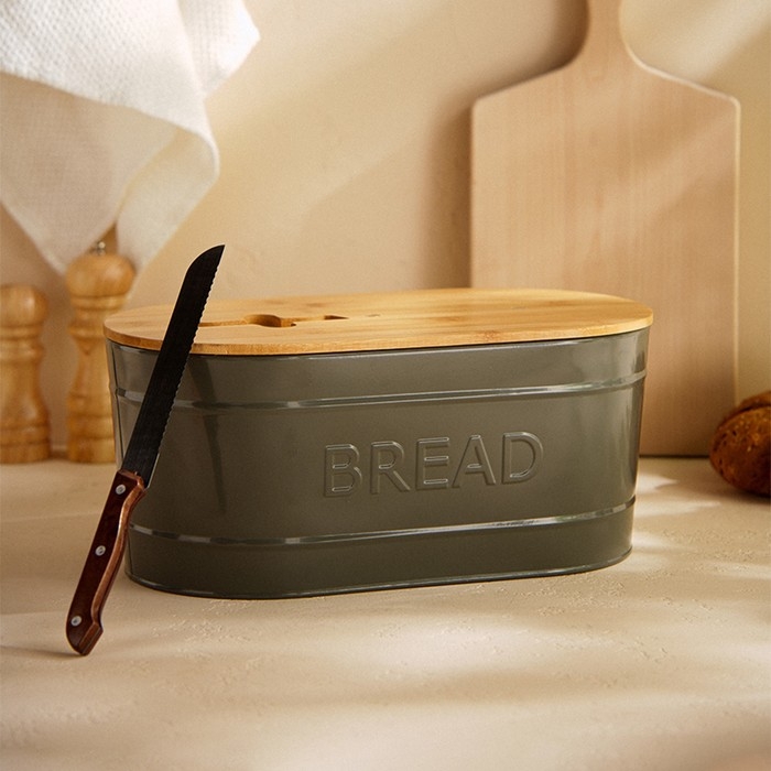 Хлебница металлическая с бамбуковой крышкой SL Home &laquo;каса Перфекто&raquo;, 2 предмета: хлебница 36&times;20&times;15,5 см, нож длина 28,3 см