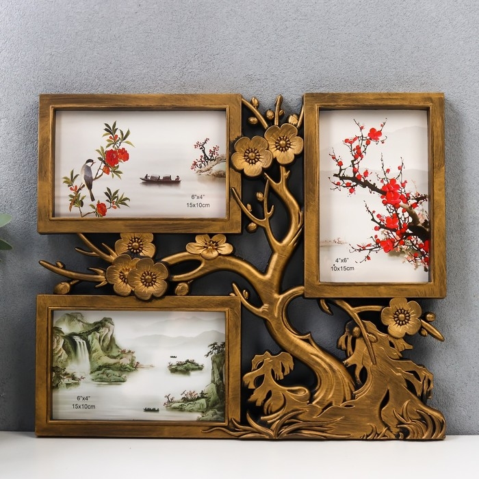 Фоторамка пластик на 3 фото 10х15 см Фоторамка пластик на 3 фото 10х15 см "Вишнёвый сад" тёмное золото 32х27 см