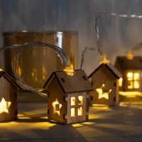 Гирлянда &laquo;Нить&raquo; 2.5 м с насадками &laquo;Домик&raquo;, IP20, прозрачная нить, 10 LED, батарейки AAх2 (нет в комплекте), свечение тёплое белое