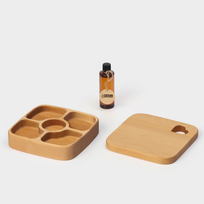 Подарочный набор деревянной посуды Adelica, доска сервировочная, менажница 5 секций, масло для пропитки в подарок 100 мл, берёза Подарочный набор деревянной посуды Adelica, доска сервировочная, менажница 5 секций, масло для пропитки в подарок 100 мл, берёза