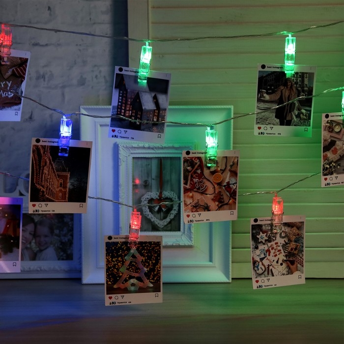 Гирлянда &laquo;Нить&raquo; 5 м с насадками &laquo;Прищепки&raquo;, IP20, прозрачная нить, 20 LED, свечение мульти (RG/RB), мигание, 220 В