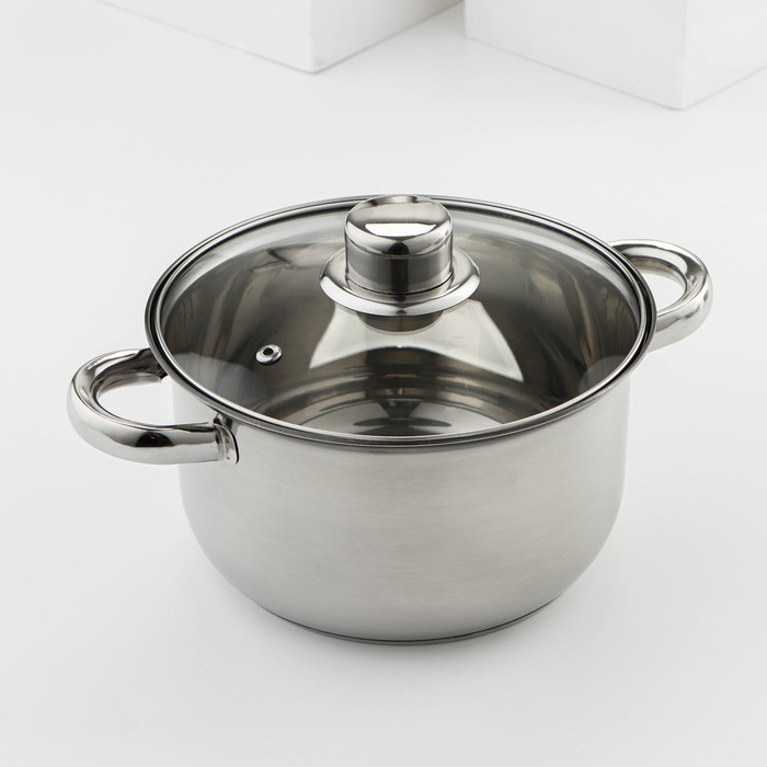 Набор посуды из нержавеющей стали Доляна &laquo;Классика&raquo;, 8 предметов: ковш 1,5 л, 2 кастрюли 2/3 л, сковорода d=24 см, крышки, стенки 0,3 мм, дно 5 мм