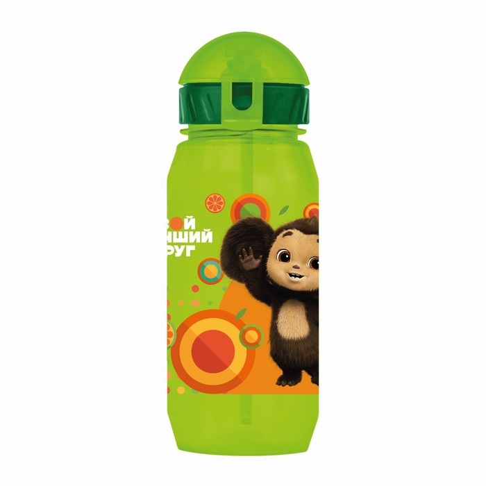 Бутылочка детская с силиконовой трубочкой &laquo;Чебурашка&raquo;, 400 мл., со шнурком, цвет и рисунок МИКС