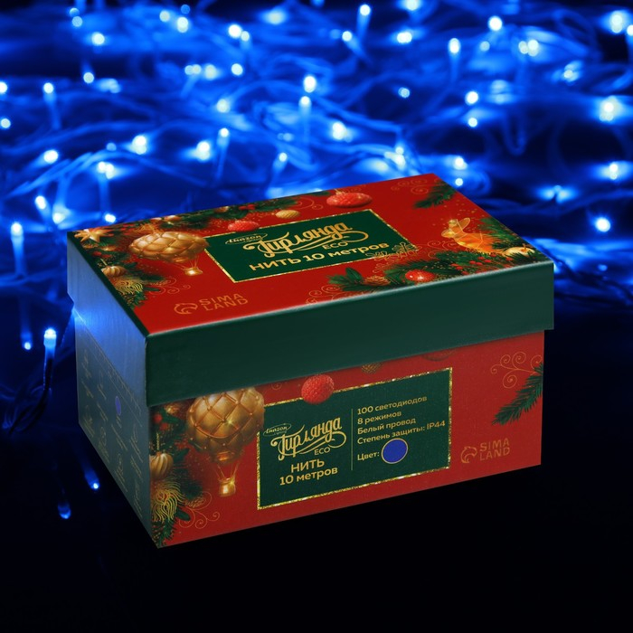 Гирлянда &laquo;Нить&raquo; 10 м, IP44, белая нить, 100 LED, свечение синее, 8 режимов, 220 В