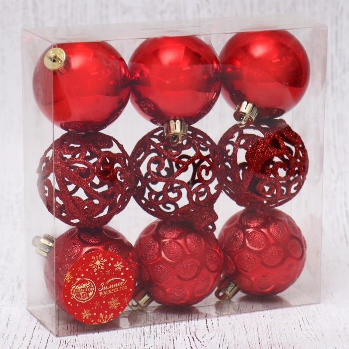 Ёлочные игрушки, шары новогодние , пластик, набор d-6 см, 9 шт "Николь узоры" красный