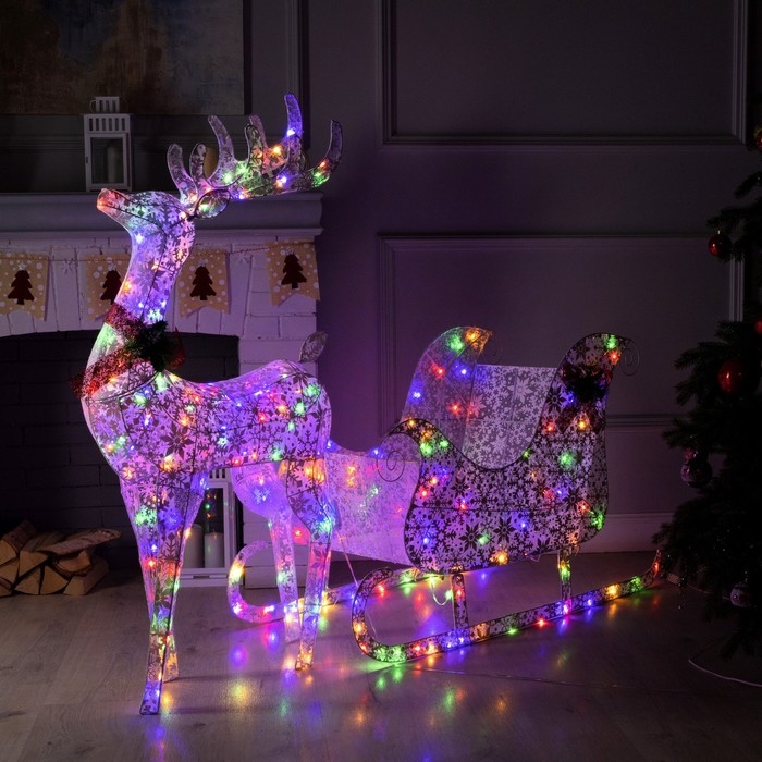 Светодиодная фигура &laquo;Олень с санями&raquo;, олень: 65 &times; 123 &times; 25 см, сани: 110 &times; 55 &times; 45 см, металл, текстиль, 220 В, свечение мульти