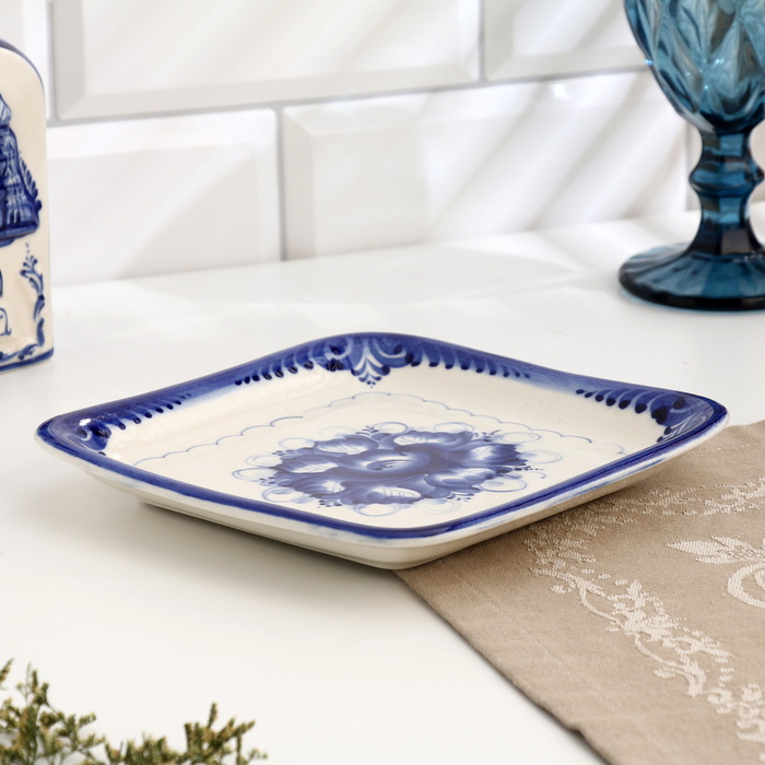 Блюдо Блюдо "Квадратное", гжель, фарфор, 18х18 см